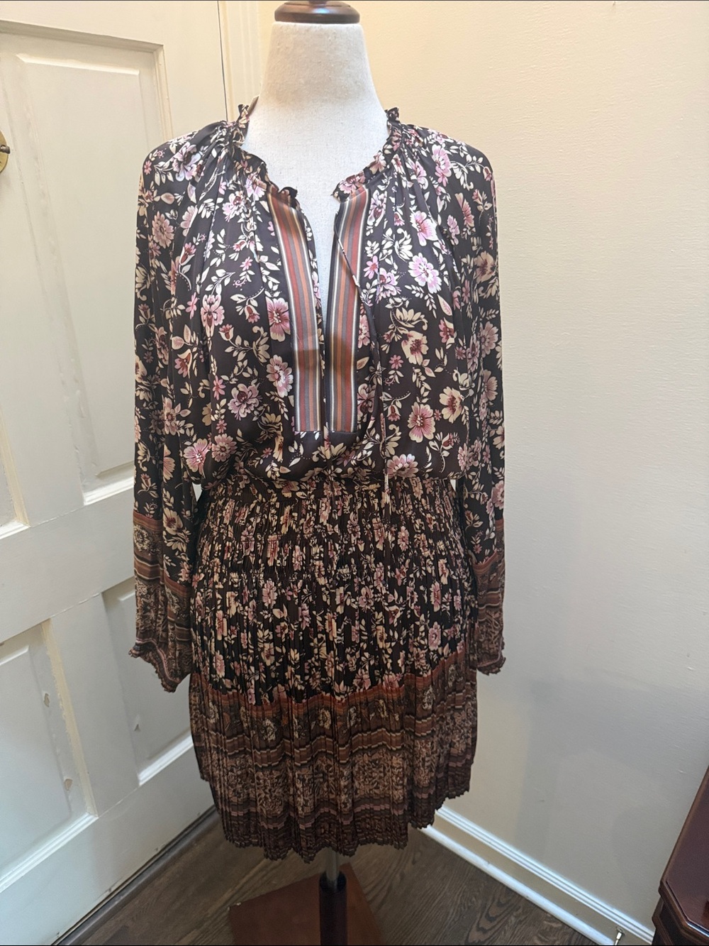 Current Air Black Floral Long-Sleeve Smocked Waist Dress with Pink Blooms